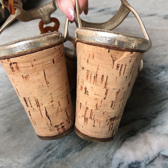 Prada vintage 90’s cork wedge heels metallic leather tortoiseshell look links 8 - Picture 7 of 11